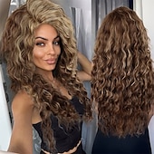 baratos Perucas Históricas-Presentes de Carnaval Peruca Ombre Loira Acinzentada Cacheada Longa para Mulheres Brancas Peruca Sintética Fluffy 80s Carnaval de Natal Fantasia para Mulheres Big Volume Tons de Marrom Loiras Perucas