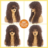 economico Parrucche storiche-Parrucche mullet rock degli anni &#039;80 per uomini e donne parrucca lunga e riccia marrone costumi degli anni &#039;70 e &#039;80 per uomini e donne parrucche per feste di Halloween e cosplay