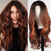 economico Parrucche trendy sintetiche-Parrucca ondulata lunga ombre bionda mista marrone evidenziata per le donneParrucca ondulata riccia parte centrale Parrucca in fibra sintetica resistente al calore dall&#039;aspetto naturale per l&#039;uso