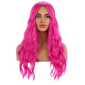 economico Parrucche trendy sintetiche-parrucca rosa caldo parrucca magenta lunghe parrucche rosa ondulate ricci per le donne ragazze parte centrale parrucche sintetiche resistenti al calore ad alta densità