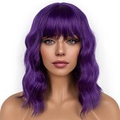 levne Syntetické trendy paruky-krátké bobové paruky s ofinou pro ženy volná vlnitá paruka kudrnatá vlnitá délka po ramena bob syntetická cosplay paruka pro dívky barevné kostýmní paruky