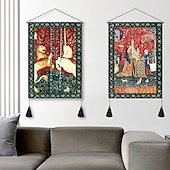 tanie zabytkowe gobeliny-zestaw 2 sztuk w stylu vintage średniowieczny tkany gobelin ścienny dekoracja koc kurtyna wisząca sypialnia dekoracja salonu nordycka bawełniana lniana frędzel 14 &quot;x 20&quot;