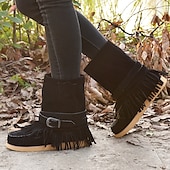 olcso Slouch Boots-női rojtos velúr mokaszin csizma csatos részletekkel - lezser és kényelmes western stílusú bokacsizma