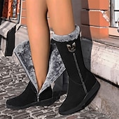 baratos Botas de neve e inverno-botas de inverno femininas de camurça preta com forro de pele sintética e zíper lateral - botas quentes e elegantes de cano médio para clima frio