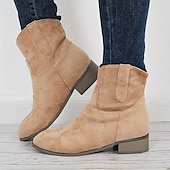 abordables Bottines-bottines western en faux daim marron pour femmes – bottes de cowboy à talon bas de style vintage pour tenues décontractées