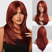 cheap Synthetic Trendy Wigs-Red Wigs for WomenLong Layered Wigs with Bangs Heat Resistant Synthetic Fibre Wigs Halloween Cosplay Party Wigs