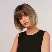 baratos Perucas Sintéticas sem Touca-peruca loira com franja - peruca loira curta de 12&#039;&#039; para mulheres perucas de cor natural com franja super macia e fácil de usar peruca reta bob peruca sintética para o dia das bruxas