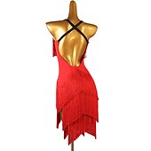 voordelige Latin danskleding-dans salsa latin dansjurk franjes kwastje split joint dames performance training mouwloze chinlon