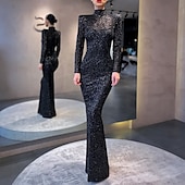 abordables NOIR-Robe de soirée sirène Élégante Robe Formelle Cocktail Longueur de sol Manches longues Col haut Sequins avec Robe de bal à sequins