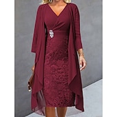 abordables Ensembles de robes-Femme Robe Ensemble Robe dentelle Robe casual Robe de Mousseline Elégant Décontractées Plein Dentelle Robe mi-longue manche longue Col V Sortie Vin Bleu Automne Hiver Standard