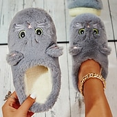 ieftine Flip-Flops de Damă-papuci de pisică de pluș pentru femei - papuci confortabili de interior cu blană, cu urechi drăguțe și broderie pentru îmbrăcăminte de iarnă acasă