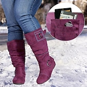 levne Slouch Boots-dámské široké boty do lýtek se skrytou kapsou – pohodlný široký šířkový štíhlý design s akcenty na přezku