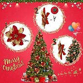 olcso Koszorúk, Girlandok és Díszek-50db piros mikulásvirág műkarácsonyi dekor, csillogó mikulásvirág karácsonyfa virágdísz, barkácsolt karácsonyi koszorú dekor