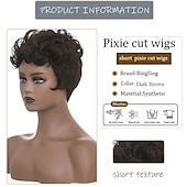 cheap Black &amp; African Wigs-Dark Brown Short Pixie Cut Wigs for Black Women Curly Hair Replacement Short Black Layered Wavy Pixie Wigs With Bangs For Black Women