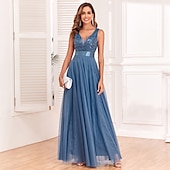 preiswerte Abendkleider-A-Linie Abendkleid Elegant Kleid Abendgesellschaft Abschlussball Bodenlang Ärmellos V Ausschnitt Gürtel / Schärpe Tüll V-Ausschnitt mit Glitzer Stickerei 2025