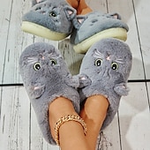 ieftine Flip-Flops de Damă-papuci de pisică de pluș pentru femei - papuci confortabili de interior cu blană, cu urechi drăguțe și broderie pentru îmbrăcăminte de iarnă acasă