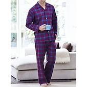 baratos Pijamas-Homens Loungewear Roupa de Dormir Conjunto de Pijama Top e calça de pijama 2 Peças Xadrez à moda Casual Conforto Casa Diário Algodão Conforto Lapela Manga Longa Camisa Social Calça Com Cordão Cintura
