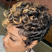cheap Black &amp; African Wigs-Dark Brown Short Pixie Cut Wigs for Black Women Curly Hair Replacement Short Black Layered Wavy Pixie Wigs With Bangs For Black Women