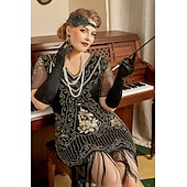 olcso Öltözetek-szett midi flapper ruha ujj hullám paróka fejpánt hosszú opera kesztyű nyaklánc cigarettatartó női ordító 20-as évek 1920-as évek flapper lány koktél maszk ruhák a nagyszerű gatsby jelmez