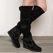 cheap Cowboy &amp; Western Boots-Women&#039;s Suede Knee-High Boots with Wedge Heel and Buckle Strap - Bohemian Style Casual Boots in Denim Blue