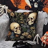economico Camera di Halloween-federa per cuscino bifacciale 1 pz. federa per cuscino quadrato decorativo morbido con fiore di scheletro per camera da letto, soggiorno, divano, sedia, decorazioni