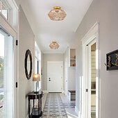 cheap Ceiling Lights-Rattan Semi-Flush Mount Ceiling Light with Brass Canopy, 11 Inch Semi-Flush Mount Lamp with Hand-Woven Rope Shade, Bohemian Ceiling Light for Hallway, Bedroom, Kitchen, Entryway 110-240V