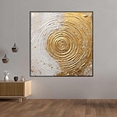 preiswerte Ölgemälde-Goldenes und weißes Gemälde, goldene strukturierte Wandkunst, handbemalte goldene Kreiskunst auf Leinwand, goldene Wandkunst, goldenes abstraktes Gemälde, gerollte Leinwand (kein Rahmen)
