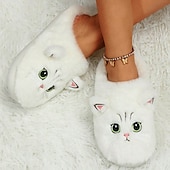 ieftine Flip-Flops de Damă-papuci de pisică de pluș pentru femei - papuci confortabili de interior cu blană, cu urechi drăguțe și broderie pentru îmbrăcăminte de iarnă acasă