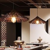 abordables Lustres style lanterne-Lampes suspendues en rotin, luminaire décoratif d&#039;intérieur, idéal pour un salon, une chambre à coucher, un café, un bar, un abat-jour en tissage, 110-240v