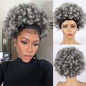 cheap Older Wigs-Afro Kinky Curly Wig Headband Wig Gray Wigs for Women Short Curly Afro Wig with Headband Attached Synthetic Gray Ombre Wig Womens Curly Real Hair Glueless Wig Gray Hair Wigs 4Inch