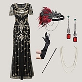economico Abiti degli anni '20-Set Anni Ruggenti Anni 1920 Lunghezza alla caviglia Vestito Abito da sera Abiti con accessori Maniche corte Il grande Gatsby Charleston Invitato al matrimonio Piuma Scollo a V Costume Per donna