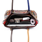 baratos Malas com Alça-bolsa tote feminina de couro trançado multicolorido com alças duplas e estilo boho patchwork, bolsa de ombro grande para viagens, eventos de arte e uso diário casual