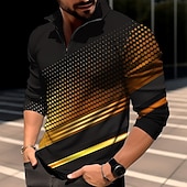 Men's Linear Zip Polo Long Sleeve Polo Shirts Zip Abstract Outdoor Casual Daily Streetwear 3D Print Fall & Winter Yellow Gray4