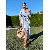 preiswerte bedruckte Kleider aus Baumwolle und Leinen-Damen Schwarz Weiß Hellgrün Sommer Frühling Herbst Maxikleid Baumwoll-Leinen-Kleider Freizeitkleid Shiftkleid Basic Lässig Outdoor Winterkleid Urlaub Lässiger Schnitt Gestreift Hemdkragen