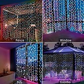 abordables Guirlandes solaires-3*3m 300 led solaire rideau lumière extérieure télécommande lumière 8 modes d&#039;éclairage guirlandes ip65 étanche fil de cuir lumières fête de noël mariage maison chambre jardin décoration murale