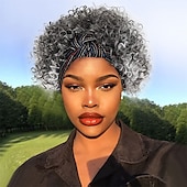 cheap Older Wigs-Afro Kinky Curly Wig Headband Wig Gray Wigs for Women Short Curly Afro Wig with Headband Attached Synthetic Gray Ombre Wig Womens Curly Real Hair Glueless Wig Gray Hair Wigs 4Inch