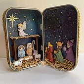 abordables Figuras coleccionables-Natividad navideña, figura de natividad pintada y esculpida a mano, un pequeño y encantador belén, regalo de decoración navideña de la Sagrada Familia para exhibición en el interior del hogar, mesa 8,8*11,5*2,8 cm