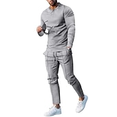 billiga Set med herr-T-shirts-Herr Henleytröja T-shirtkostymer Träningsoverall Tennisskjorta Långärmad Henley Vår &amp; Höst Slät Gymnastik Ledigt 2 st Semester Dagliga kläder Sportkläder Svart Vit Marinblå Topp t-shirt för män