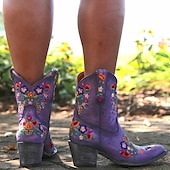 abordables Cowboy y botas occidentales-Botas vaqueras occidentales vintage para mujer: botines de piel sintética con bordados florales para uso informal y festivo