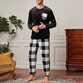 preiswerte Pyjamas-Herren Hausanzug Schlafanzüge Schlafanzug Set Pyjama-Oberteil und Hose 2 Stück Plaid Stilvoll Brautkleider schlicht Komfort Heim Täglich Flanell Komfort Rundhalsausschnitt Langarm Pullover