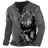 cheap Animal-Men&#039;s Graphic Wolf Henley Shirt Long Sleeve 3D Print Fashion Daily Casual Casual Holiday Going out Spring &amp;  Fall Green Army Green Dark Blue Dark Gray Henley Henley T-Shirt