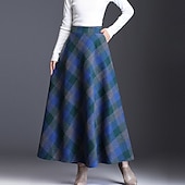 olcso Szoknyák-Női Szoknya A-vonalú Hinta Kockás szoknya Elegáns Divat Maxi Magas derék Szoknyák Kockás Zseb Nyomtatott Vakáció Utca Rubin Kék Zöld Khakizöld Tél Poliészter