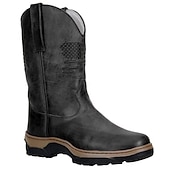 billiga Cowboy &amp; Western Boots-cowboyarbetsstövlar med präglade amerikansk flagga för män - slitstarka bruna västernstövlar i konstläder med robust sula för utomhus- och fritidskläder