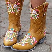 abordables Cowboy y botas occidentales-Botas vaqueras occidentales vintage para mujer: botines de piel sintética con bordados florales para uso informal y festivo