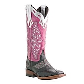 cheap Cowboy &amp; Western Boots-Women&#039;s Pink and Black Faux Leather Western Cowboy Boots with Intricate Embroidery - Knee-High Rodeo Boots for Country and Festival Wear