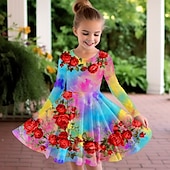 cheap 3D Flower Dress-Easter Girls&#039; 3D Floral Graphic Butterfly Dress Long Sleeve 3D Print Summer Fall Vacation Sports &amp; Outdoor Daily Cute Casual Beautiful Kids 3-12 Years Casual Dress A Line Dress Above Knee Regular Fit