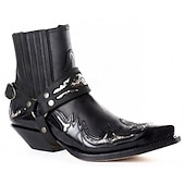 tanie Buty motocyklowe-męskie czarne skórzane botki w stylu western z haftowanymi zdobieniami i metalową uprzężą - buty w stylu kowbojskim na rodeo, imprezy country i na co dzień