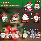 abordables Ornements-24 pièces/ensemble, ornements suspendus en bois nain de noël, décoration d&#039;arbre de noël, poupée de père noël nain, carte de noël suspendue en bois, accessoires de voiture