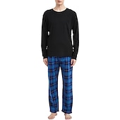 billiga Pyjamas-Herr Vardagsklädsel Sovkläder Pyjamas set Pyjamastopp och byxa 2 delar Rutig Stylish Ledigt Komfort Hem Dagligen Bomullsblandning Komfort Rund hals Långärmad T-shirt Byxa Snörning Elastisk midja