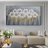 preiswerte Blumen-/Botanische Gemälde-Handgefertigtes handgemaltes Ölgemälde an der Wand, abstraktes Ölgemälde mit weißen blühenden Blumen auf Leinwand, originales goldenes Blumen-Acrylgemälde, modernes großes Wandkunst-Dekor, gerollte